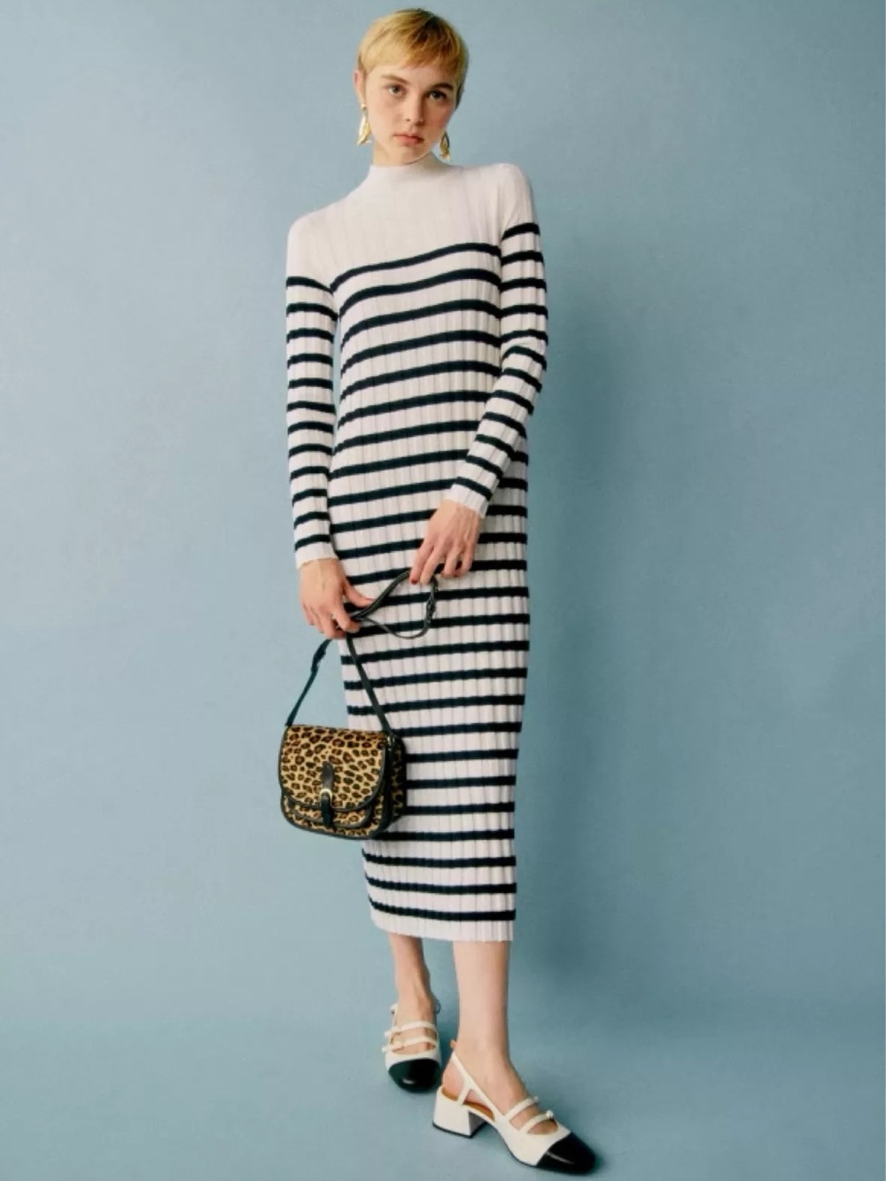 Sezane Katrina Ecru and Black Striped Rib-Knit Midi Dress